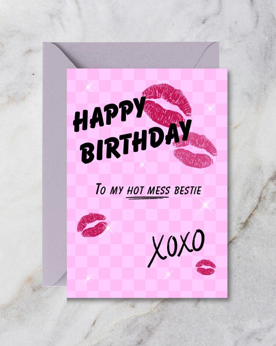 Hot Mess Bestie Birthday Card | Pink Checkered Lips (5x7in Digital Download) Printable
