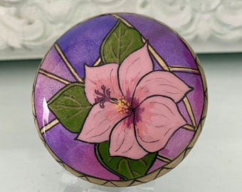 Stained Glass Style Pink Hibiscus Flower Hand Painted on Man Made Stone - Stone by Val