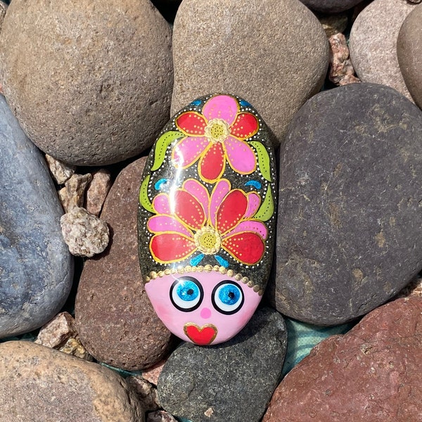 Colorful Hand Painted Flowered River Rock Lady Bug    Stone by Val