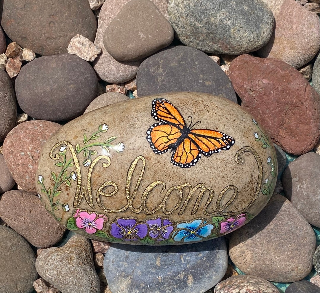 Flowered Welcome Rocks Welcome Rock Flowers and Butterfly Ocean Stone - Etsy