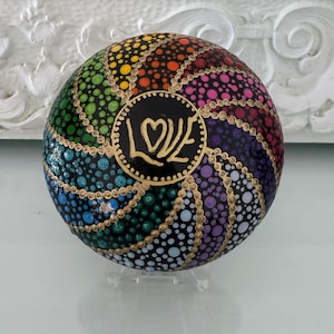 4 inch Round &quot;LOVE&quot; - Hand Dotted, Man Made Stone, Rainbow Colors - Stone by Val