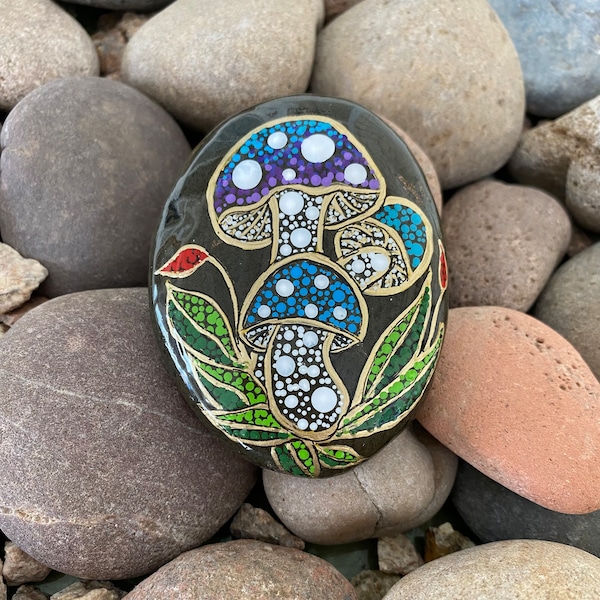 3 Mushrooms hand dotted hand painted on Arizona River Rock  Stone by Val