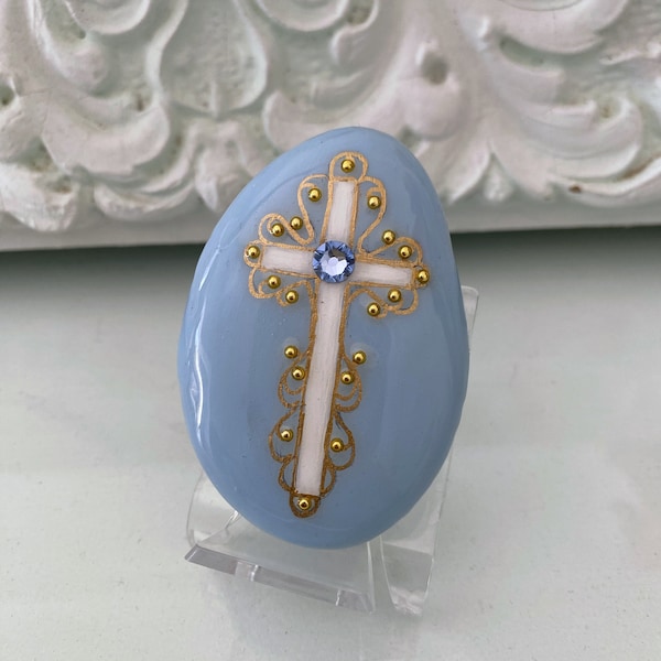 Embellished White and Gold Cross with Swarovski Crystal Hand Painted on Arizona River Rock - Stone by Val