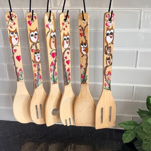 Hand Painted Owl Bamboo cooking utensils