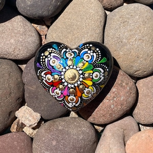 Rainbow Mandala Heart Hand Painted on Man Made Stone.  Stone by Val
