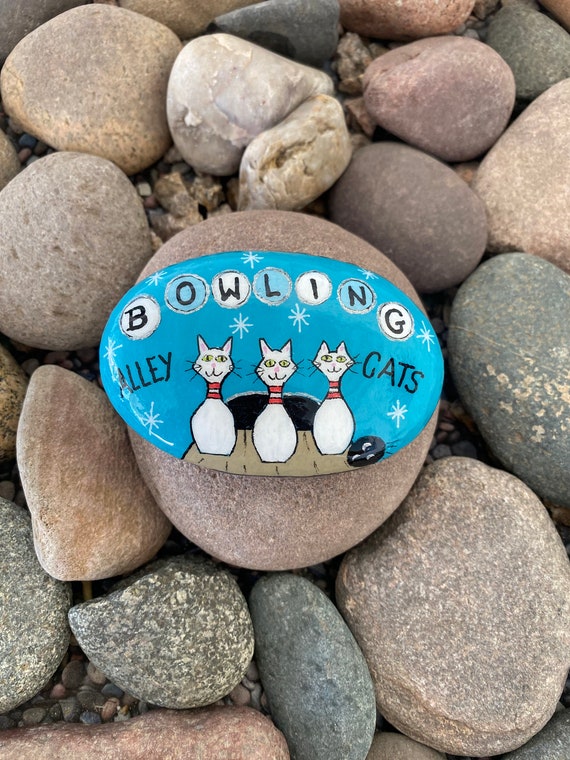 Alley Cats Bowling Cat Bowling Pins Bowling Alley Hand Painted on a Perfect Oval River Rock Stone by Val Etsy