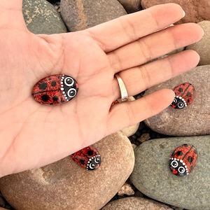 6 Glittering Glass Cabochons Lady Bugs  Hand Painted - Favors, Flower Pot Stones, Pocket Pals