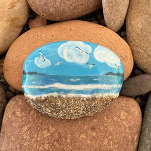 Hand-Painted Beach Rock Art: Real Beach Sand & Metallic Ocean