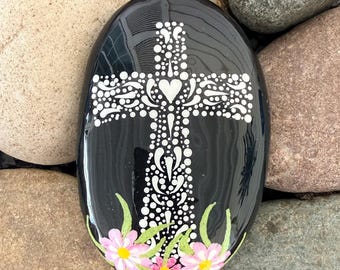 Black and White Dotted Cross with pink Flowers