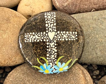 Hand Dotted Cross Painted on River Rock