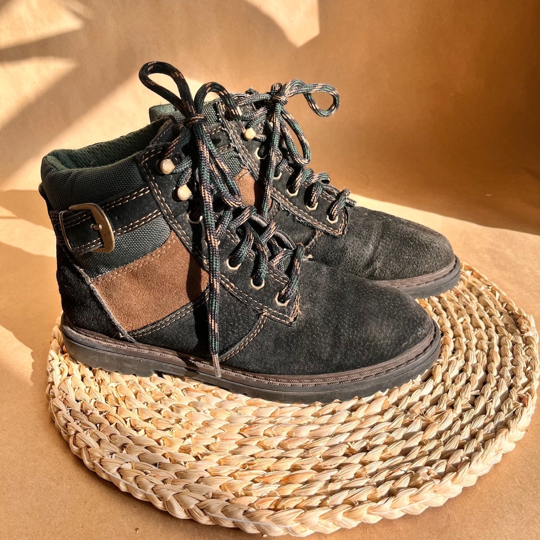 Retro Rugged 90s Vintage Rugged Green Brown Black Lace up Leather Ankle Boots Sz 6.5 ...