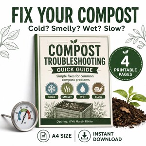 May include: A compost troubleshooting quick guide with four printable pages in A4 size. The cover features the text FIX YOUR COMPOST, Cold? Smelly? Wet? Slow?, and icons for cold, smelly, wet, and slow conditions. A metal compost thermometer is included.