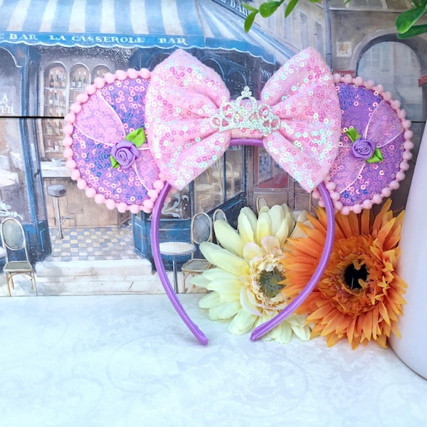 Disney Rapunzel Inspired Ears Headband: Sequin Minnie Mouse Ears with Tiara
