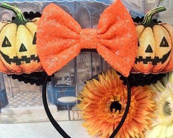 Halloween Sequin Ears Headband: Pumpkin & Orange Bow