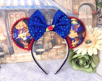 Disneys Belle Inspired Ears - Beauty and the Beast Headband - Blue Glitter Bow.