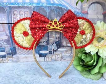 Belle Inspired Disney Ears - Beauty And The Beast Headband - Red Glitter Bow.