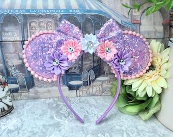 Disney Rapunzel Inspired Sequin Ears Headband – Lilac Floral Minnie Mouse Ears.