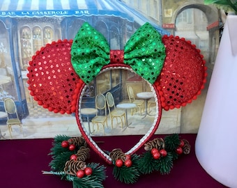 Christmas Minnie Mouse Ears Headband – Disney Inspired Red Glitter Polka Dot Ears.