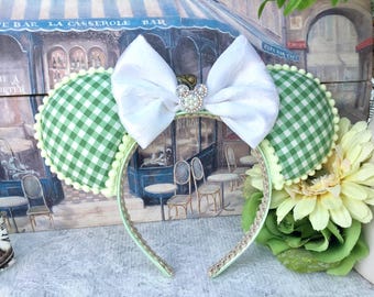 Pastel Green Gingham Minnie Ears – White Satin Crystal Bow Headband