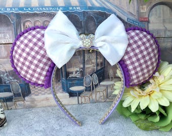Lilac Gingham Minnie Ears – Lace Crystal Bow Headband