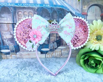 Aurora Minnie Mouse Ears Headband – Pink Sequin, Silver Tiara