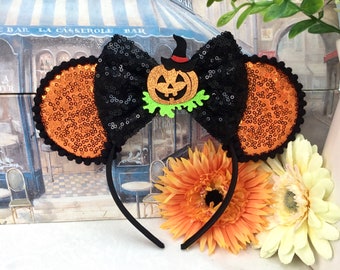 Halloween Sequin Ears Headband: Shimmering Pumpkin, Black Pom Poms