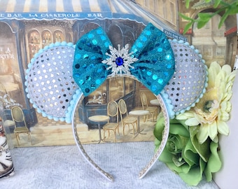 Disneys Elsa Inspired Ears Headband – Frozen Headband - Blue Glitter Bow.