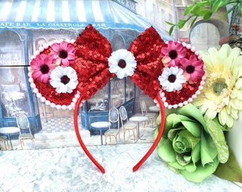 Minnie Mouse Sequin Ears Headband – Disney Inspired, Pink Flowers