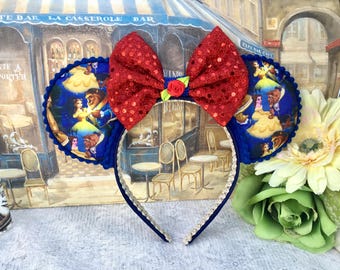 Disneys Belle Inspired Ears - Beauty and the Beast Headband - Red Glitter Bow.
