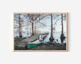 Canoe On The Lake | Sitting On The Dock | Lake Mattamuskeet | North Carolina | Pier | Trees | Blue Sky | Digital Wall Art |