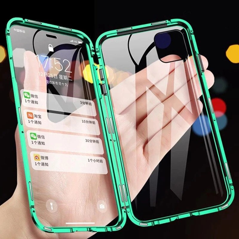Iphone Case Double Sided Tempered Glass 360 Metal Magnetic Etsy
