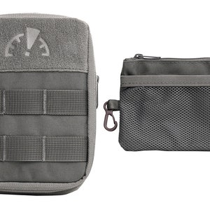 May include: Two gray zippered pouches. The larger pouch has a zipper on the top and a hook on the side. The smaller pouch has a mesh pocket and a zipper on the top. Both pouches have a gray and black color scheme.