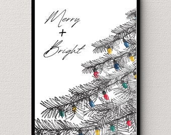 Merry and Bright Print, Christmas printable, Christmas wall art, Christmas tree print, Christmas art, Holiday decor, Modern Christmas decor