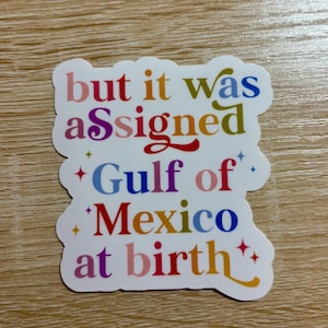 May include: A white sticker with the text "but it was assigned Gulf of Mexico at birth" in colorful letters. The text is surrounded by small stars.