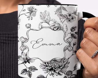 Personalized Floral Bird Mug: Botanical Name Design