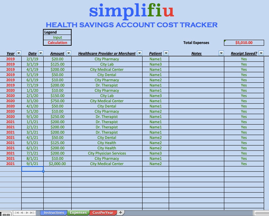 HSA Health Savings Account Cost Tracker Excel Spreadsheet Etsy