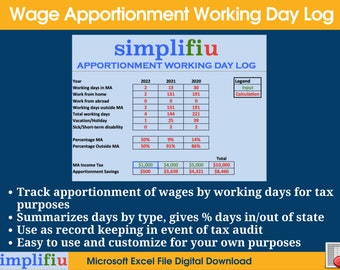 Apportionment Wages Working Day Log Excel Spreadsheet | State Income Tax Savings Tracker
