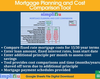 Mortgage Calculator Fixed Interest Planning and Comparison Google Sheets Spreadsheet | 15 and 30 Year Terms