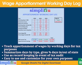 Apportionment Wages Working Day Log Google Sheets Spreadsheet | State Income Tax Savings Tracker
