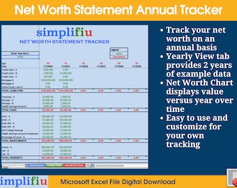 Net Worth Statement Annual Progress Tracker Excel Spreadsheet