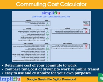 Commuting Cost Comparison Tracker Google Sheets Spreadsheet
