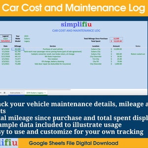 May include: A screenshot of a Google Sheet template for tracking car costs and maintenance. The template includes a legend, input and calculation sections, date, mileage, service, location, amount, and notes columns. The template is titled "Car Cost and Maintenance Log" and is from the website "simplifiu".