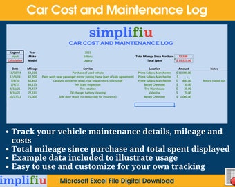 Auto Car Vehicle Maintenance Cost Tracker Excel Spreadsheet