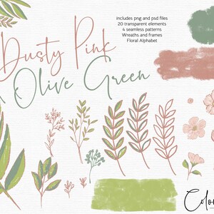 Olive green leaves - Dusty pink flowers - Digital illustrations - Floral designs - Digital bouquets