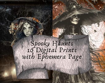 May include: Digital art print featuring a spooky theme. The image includes a woman with blue hair and a skeleton witch with a large hat. The text "Spooky Haunts 16 Digital Prints with Ephemera Page" is displayed on a scroll.
