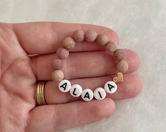 Baby bracelet pink personalized name bracelet, gemstone rhodonite, infant bracelet, baby shower, baby announcement, custom, Rose gold heart