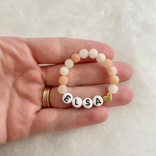 Baby bracelet, gift, name bracelet, personalized gift, customized, infant jewelry, peach aventurine gemstone bracelet, Christmas, gold heart