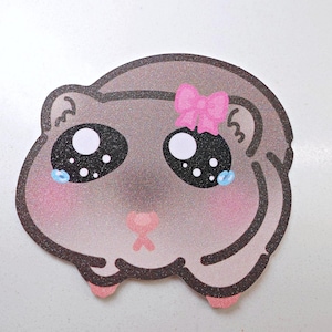 Sad Crying Hamster with a Bow Sticker - 2.5 Inches - Glittery