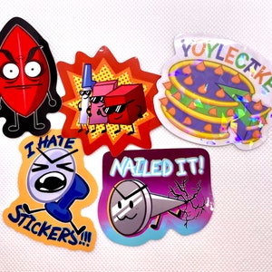 Pacote de adesivos de vinil BFDI 2,5" 2 (Evil Leafy, Yoylecake, Fanny, Naily, Pen, Blocky, Eraser)