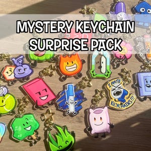 May include: A collection of colorful acrylic keychains with various cartoon character designs. The keychains are attached to gold-colored metal clasps and star-shaped charms. Text on the image reads "MYSTERY KEYCHAIN SURPRISE PACK."